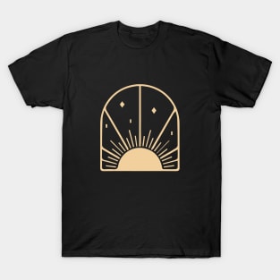 bohemian astrological design with sun, stars and sunburst. Boho linear icons or symbols in trendy minimalist style. T-Shirt